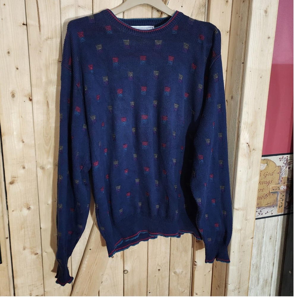 Vintage Pinnacle Collection Mens Navy Blue Cotton Knit Geometric Sweater Large